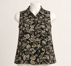 Creek 90s Black Floral Sleeveless Button Front Blouse Size M Vintage Style